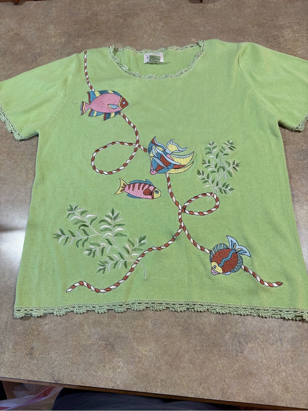 Y2K fish tropical short sleeve sweater coastal grandma cottagecore rare VTG